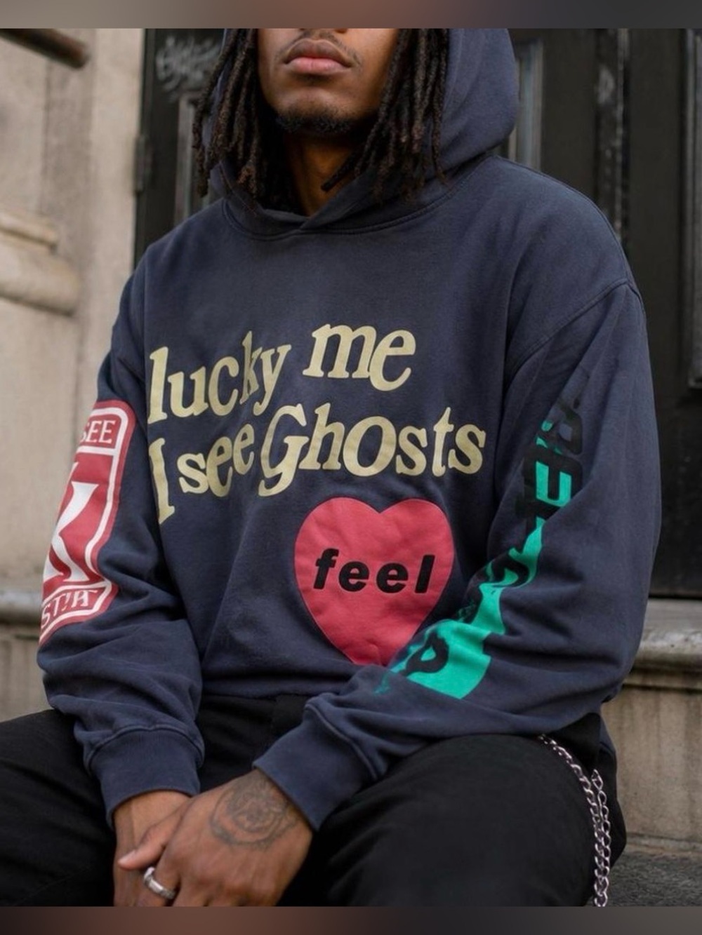 Camp Flog Gnaw festival hoodie featuring the iconic “Lucky Me I See Ghosts” XXL